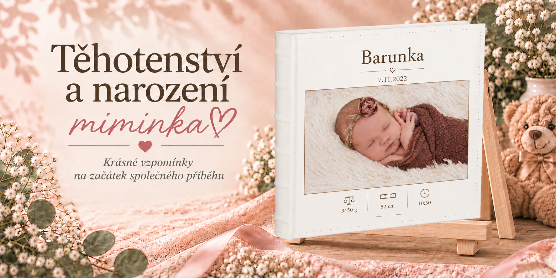 Personalizované fotoalbum k narození mimminky s vlastní fotografií, jménem a datem narození